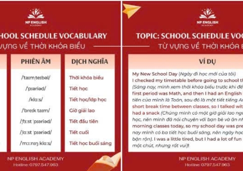 SCHOOL SCHEDULE VOCABULARY – TỪ VỰNG VỀ THỜI KHÓA BIỂU